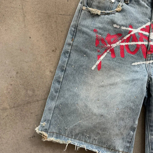 TresFindz  Graffiti Rhinestone Distressed Jorts