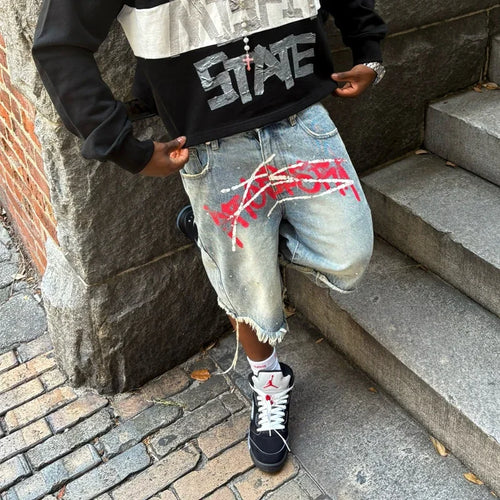TresFindz  Graffiti Rhinestone Distressed Jorts
