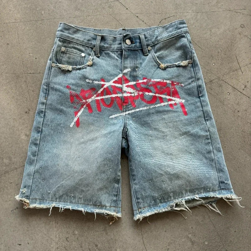 TresFindz  Graffiti Rhinestone Distressed Jorts
