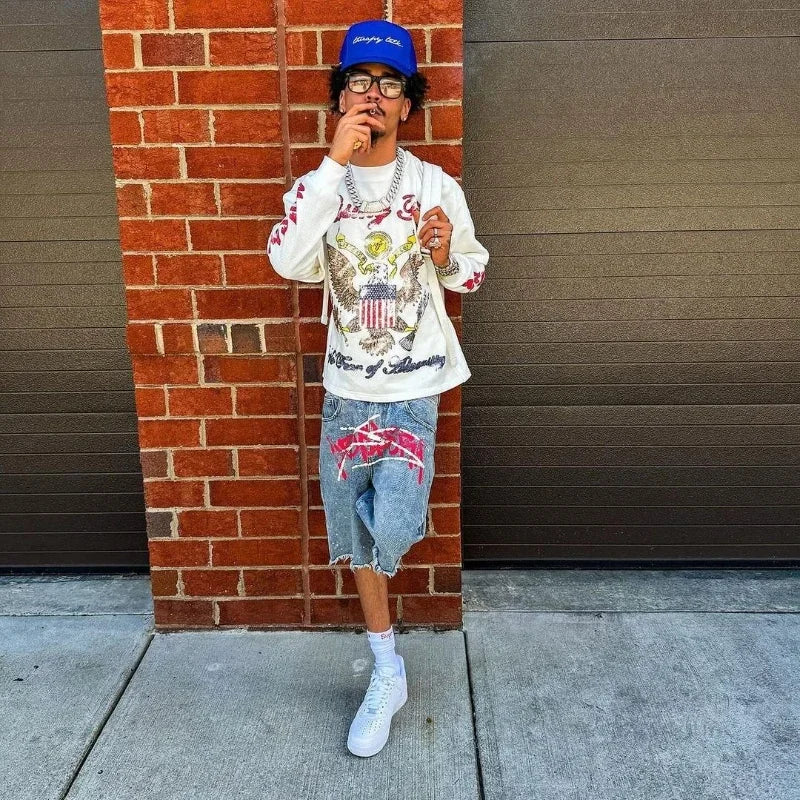 TresFindz  Graffiti Rhinestone Distressed Jorts