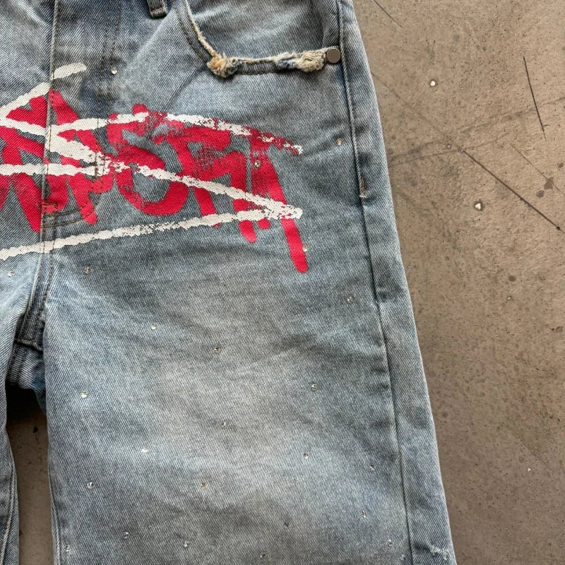 TresFindz  Graffiti Rhinestone Distressed Jorts