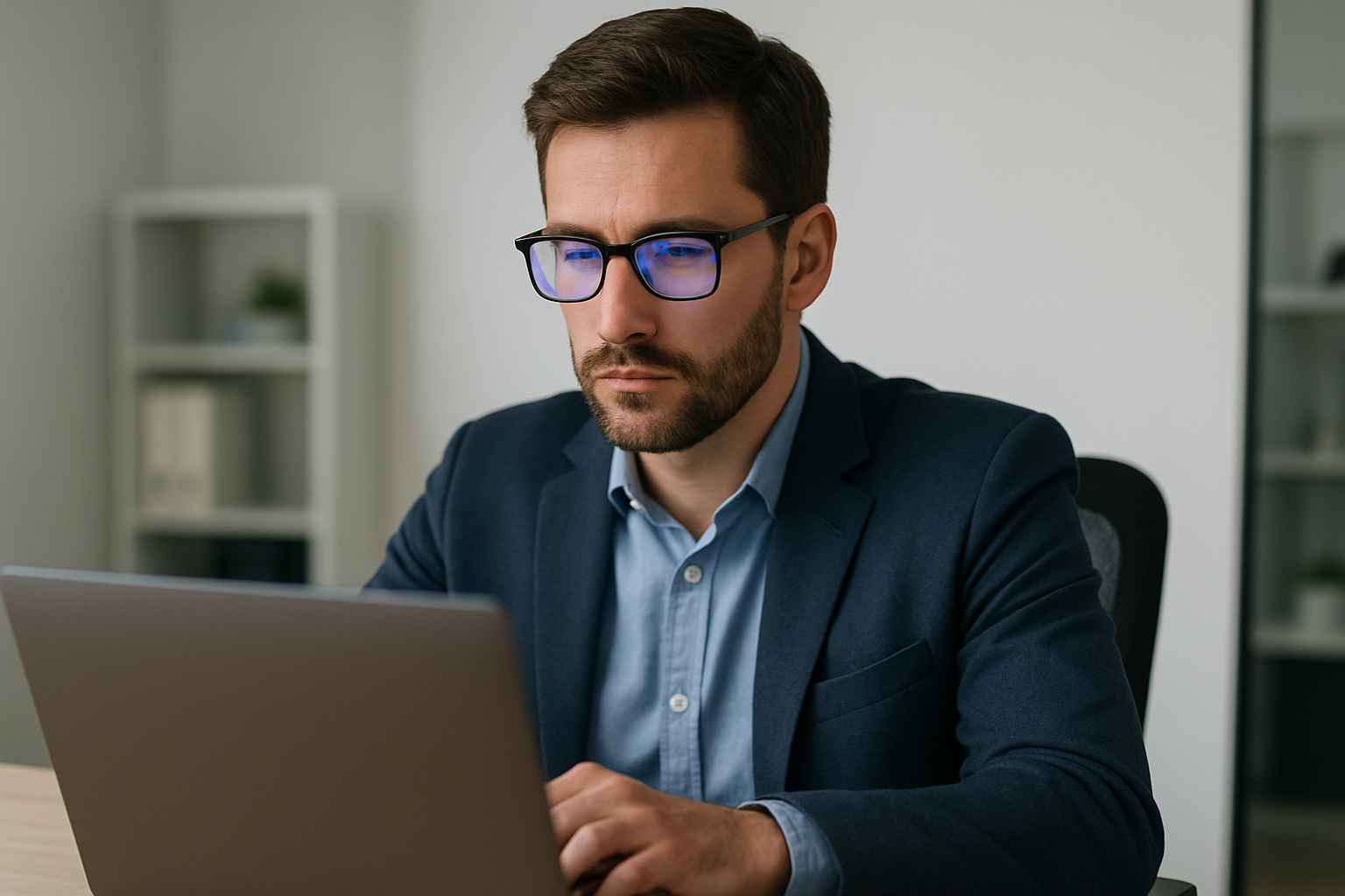 Man wearing blue light glasses at computer