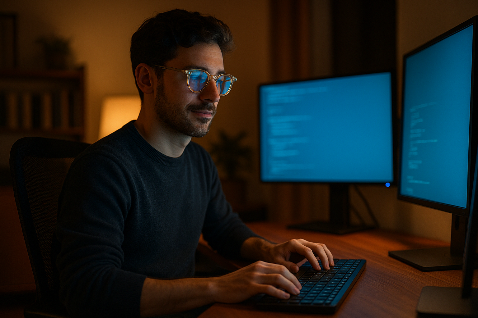 Man with blue light glasses working at night setup